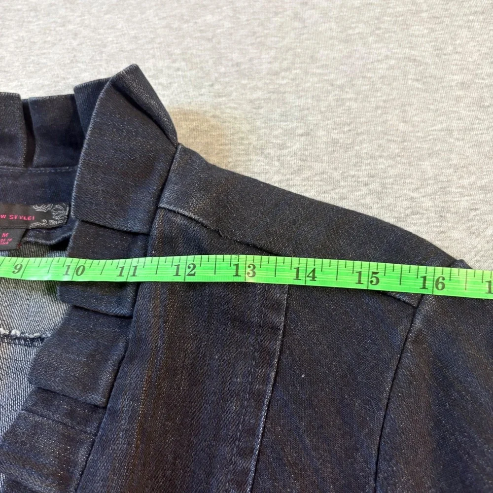JW Style Women Dark Wash Ruffle Trim Denim Jacket Hook Eye Closure Black Blue M
